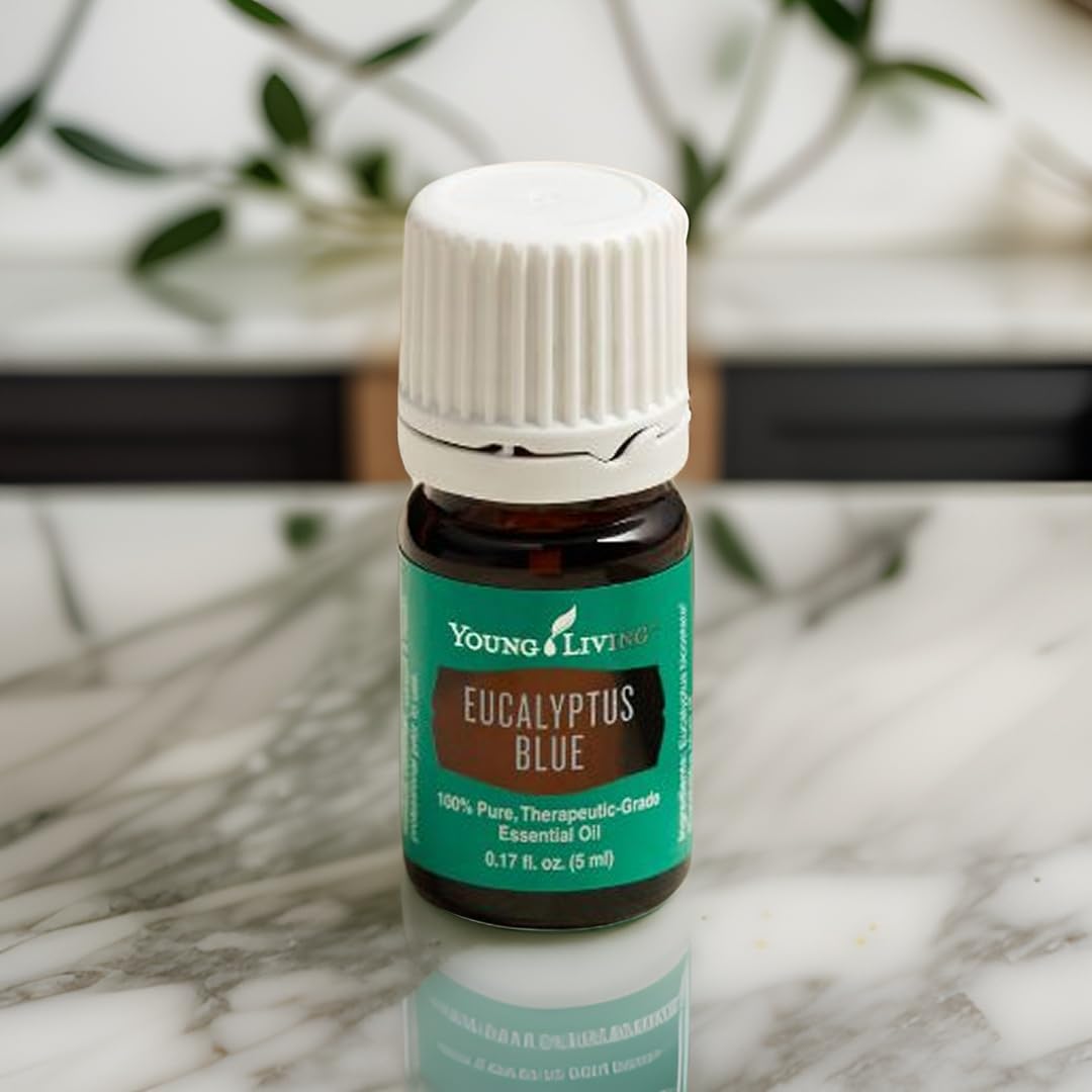 Young Living Eucalyptus Blue bottle label highlights purity and origin