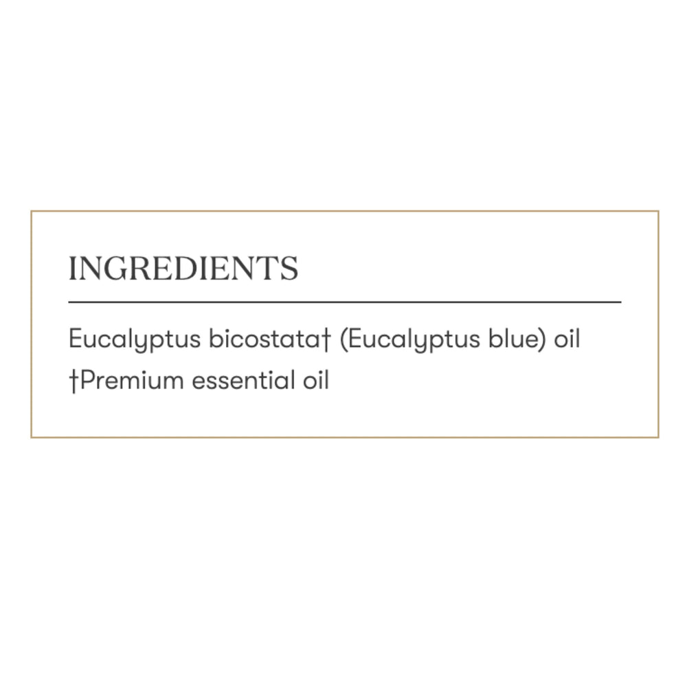 Young Living Eucalyptus Blue bottle on table emphasizes farm-to-you origin