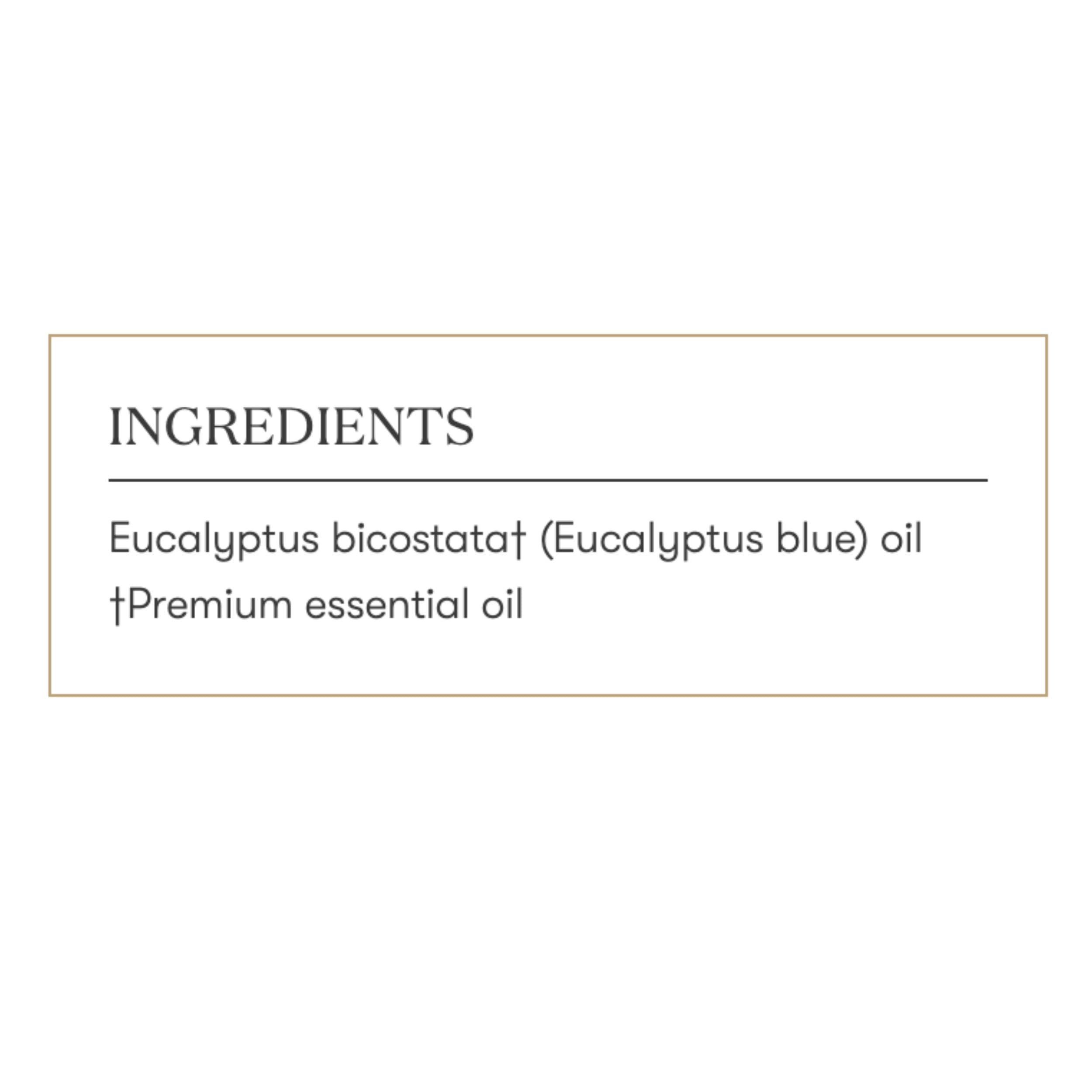 Young Living Eucalyptus Blue bottle on table emphasizes farm-to-you origin