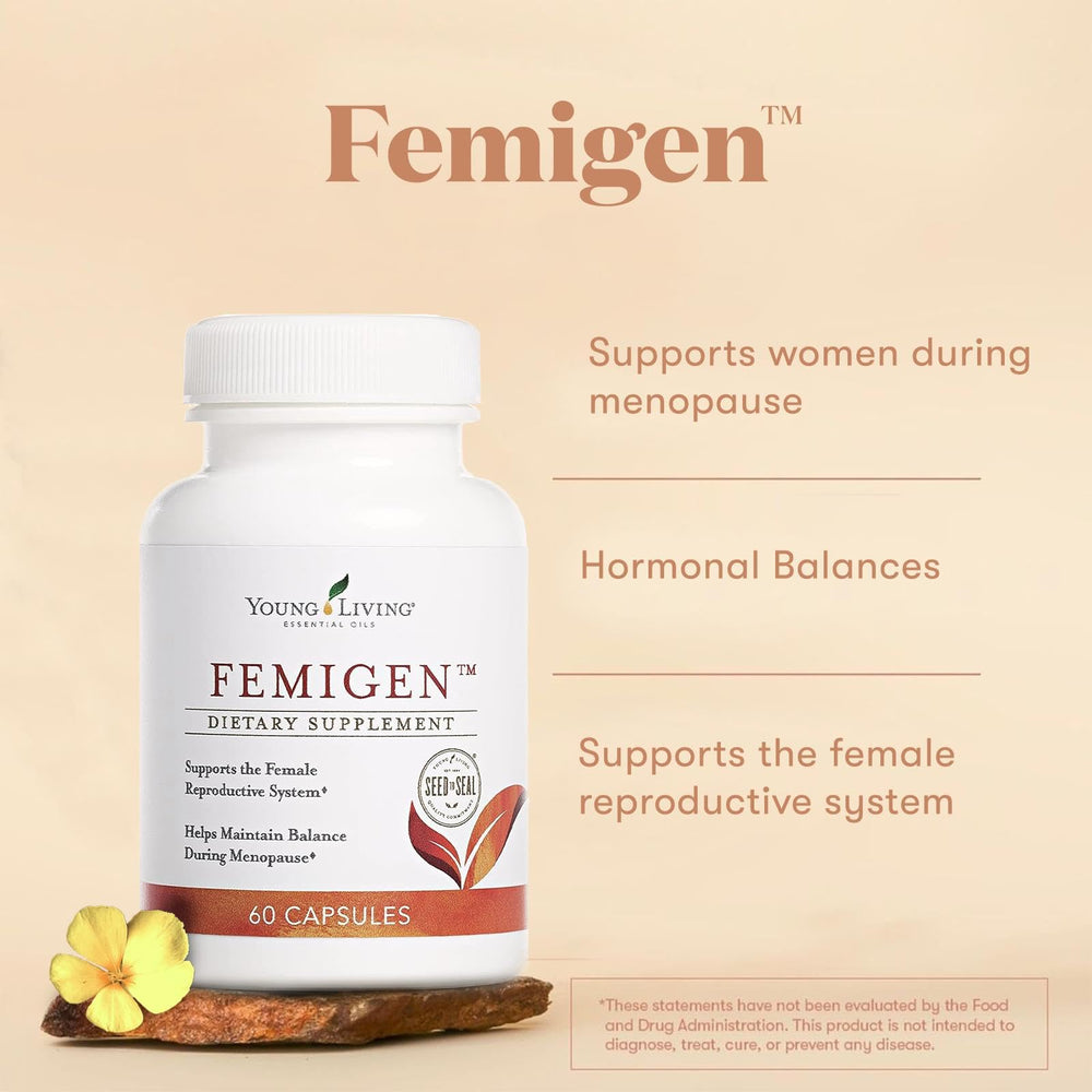 FemiGen packaging box highlighting herbal blend for menopausal support