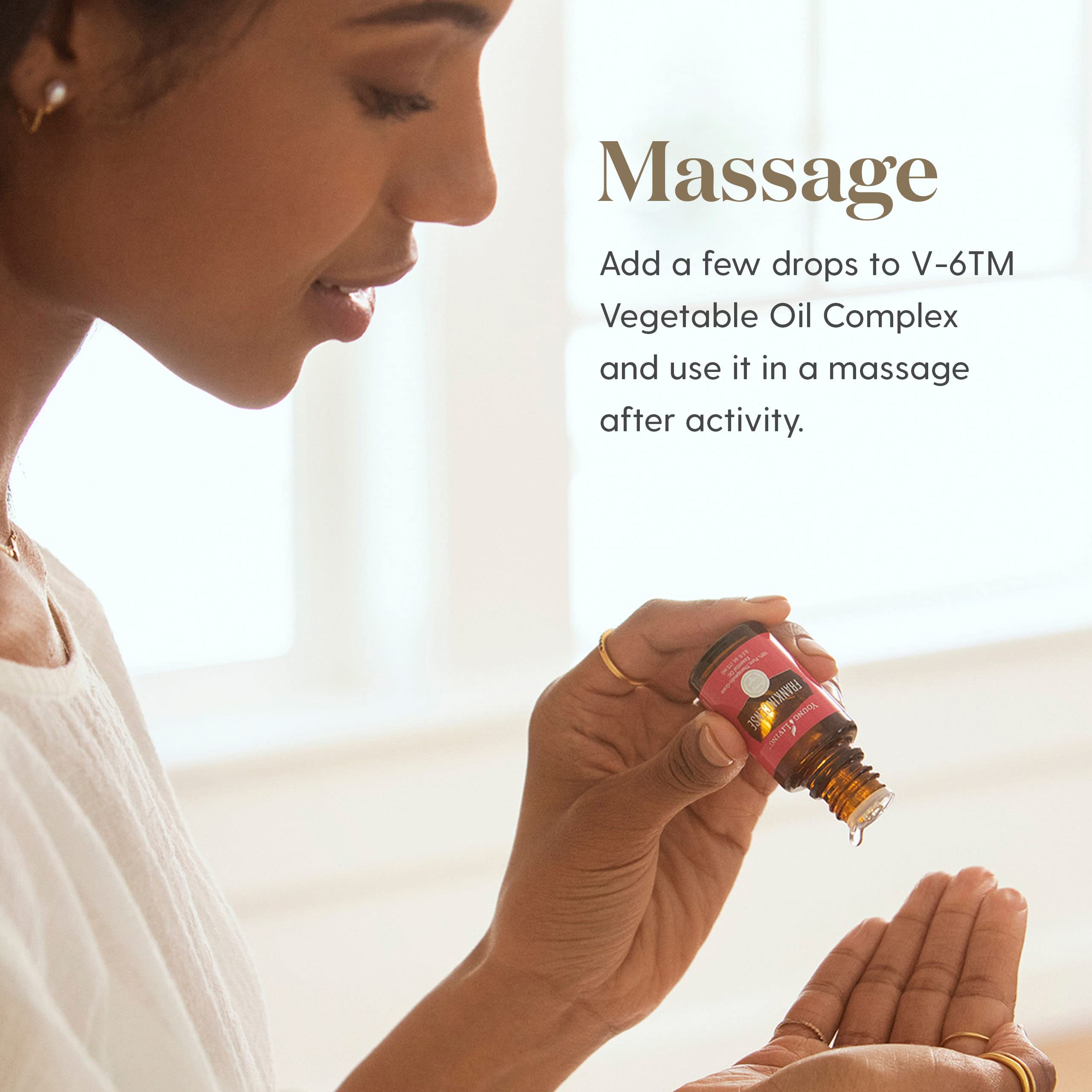 Young Living Frankincense oil applied to skin in a gentle skincare routine.