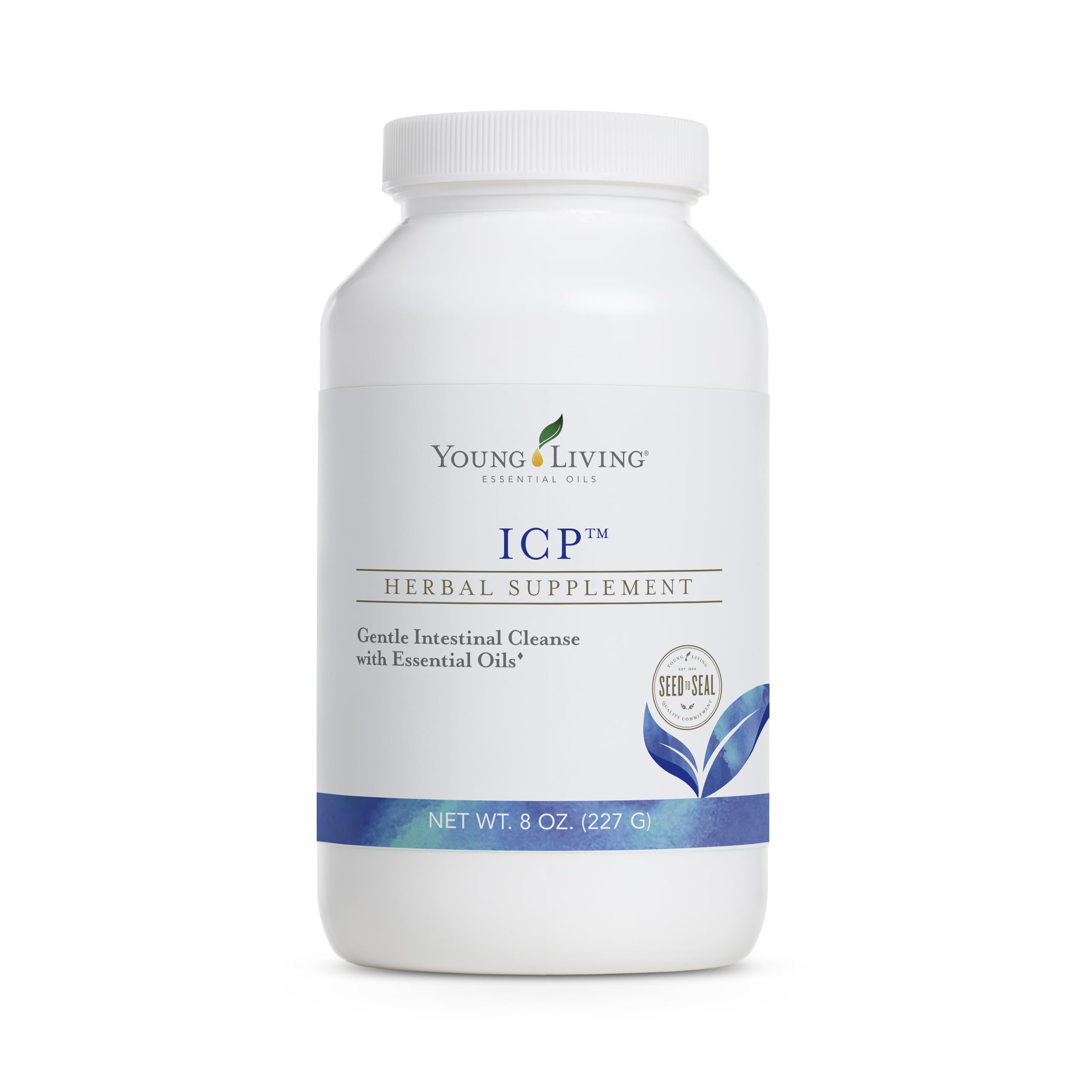 Young Living ICP 8oz bottle showcases premium psyllium fiber blend for daily digestive support.
