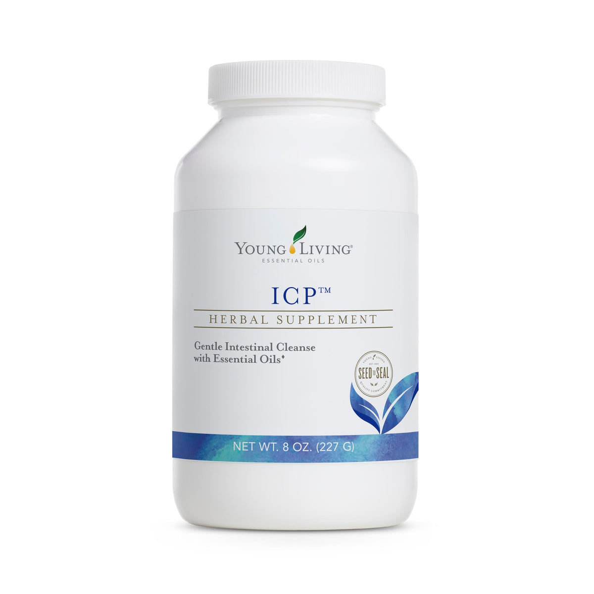 Young Living ICP 8oz bottle showcases premium psyllium fiber blend for daily digestive support.