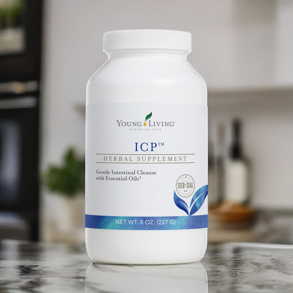 Digestive health concept with fiber-rich formula and essential oils.