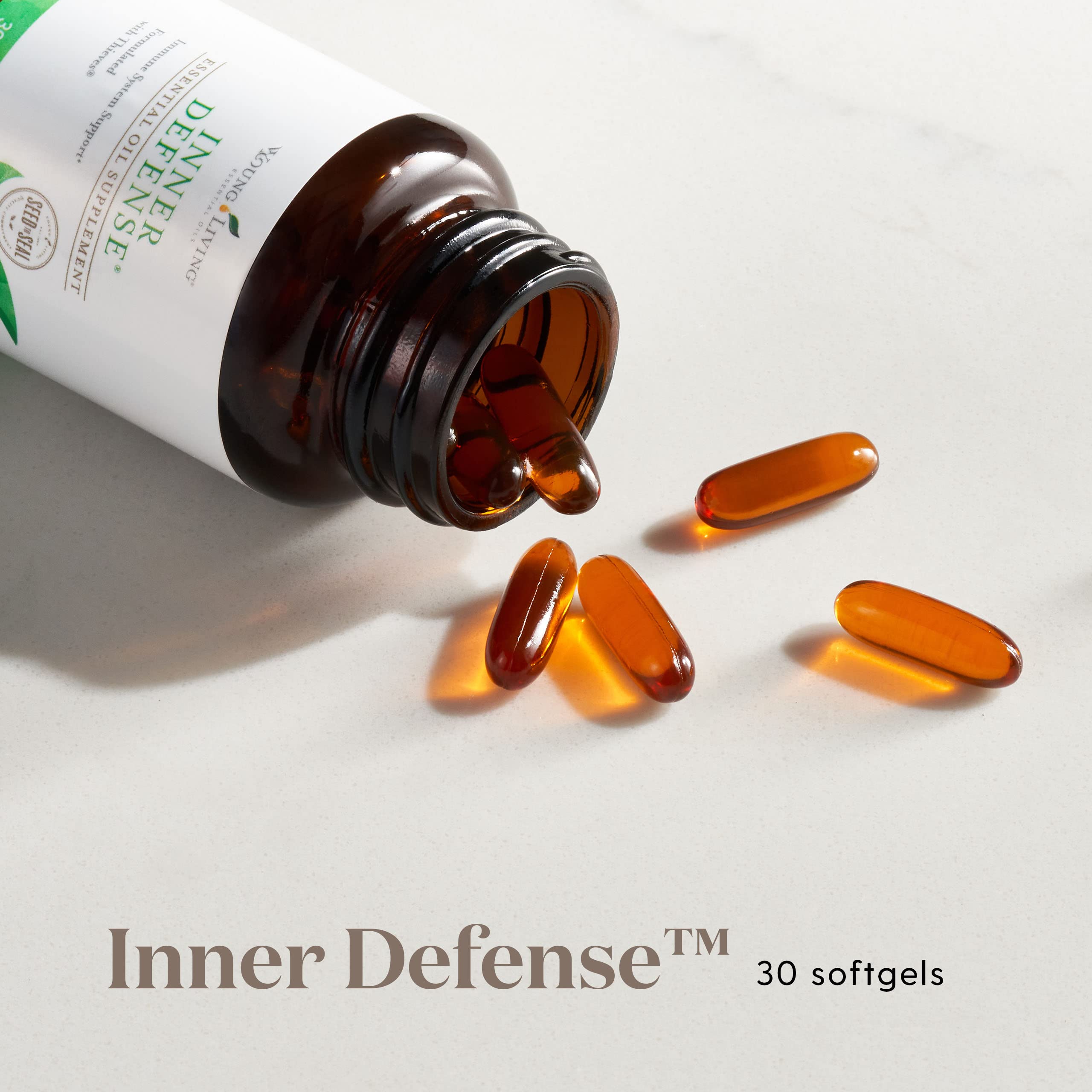 Young Living Inner Defense liquid capsules close-up for rapid absorption and immune support.