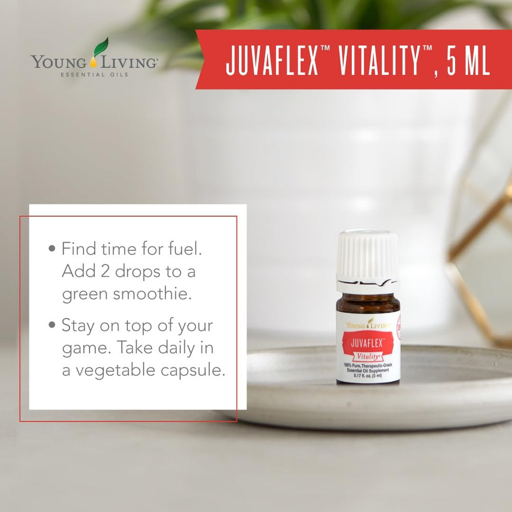 Close-up of JuvaFlex Vitality bottle label highlighting natural digestive support.