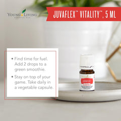 Close-up of JuvaFlex Vitality bottle label highlighting natural digestive support.