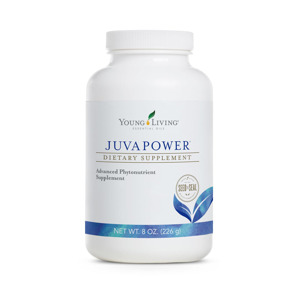 Young Living JuvaPower bottle-front highlights detox-ready formula for daily wellness.