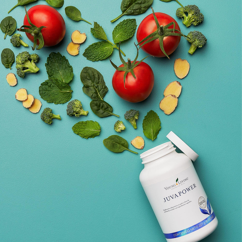 Young Living JuvaPower ingredients closeup shows spinach-beets-rice veggie blend.