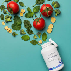 Young Living JuvaPower ingredients closeup shows spinach-beets-rice veggie blend.