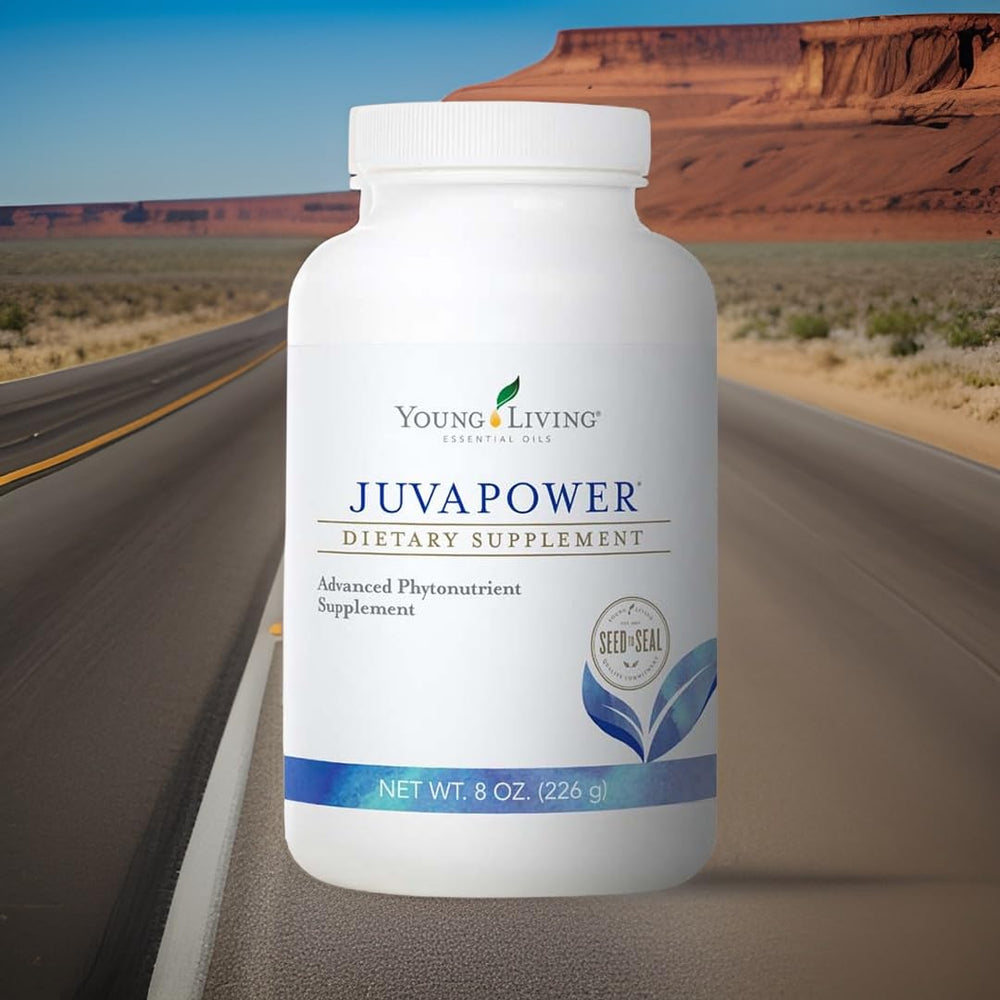 Young Living JuvaPower label closeup communicates premium essential oils infusion.