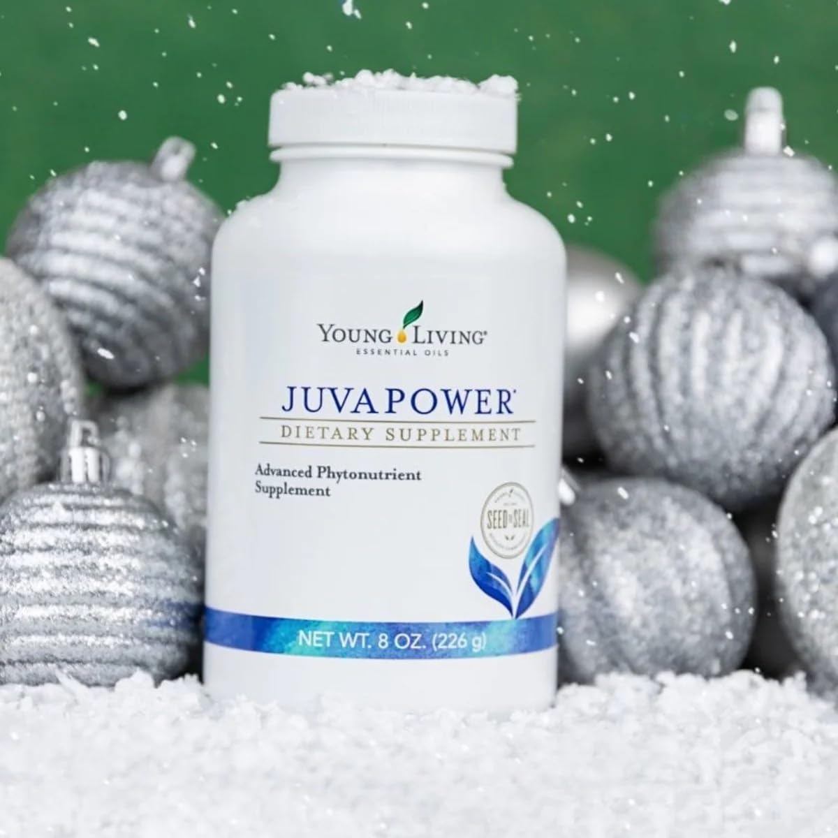 Young Living JuvaPower powder dissolving into water demonstrates quick, convenient use.