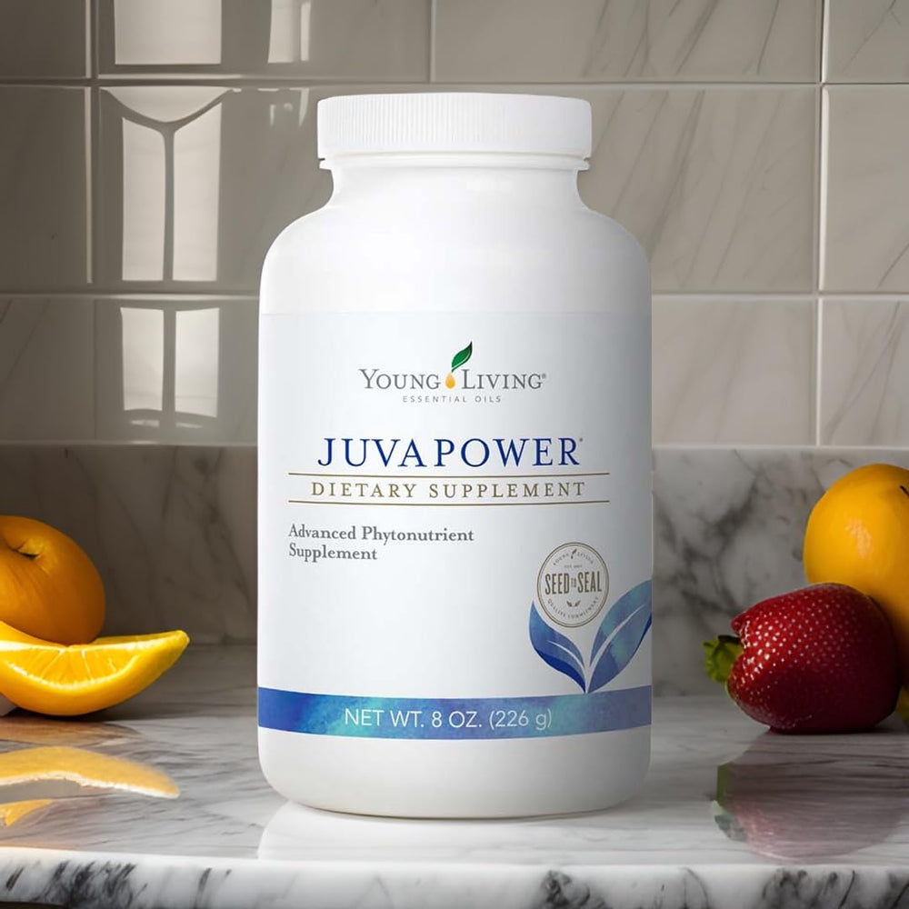 Young Living JuvaPower scoop-and-powder image suggests easy daily mixing in beverages.