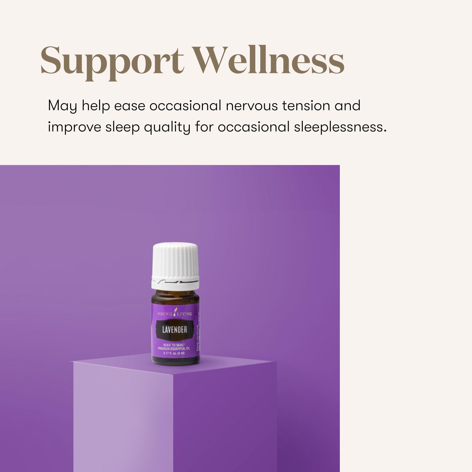 Close-up of Lavender Oil bottle label highlighting Seed to Seal quality.