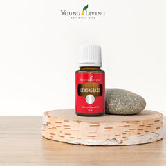 Young Living Lemongrass bottle used in massage oil blends for relaxation.