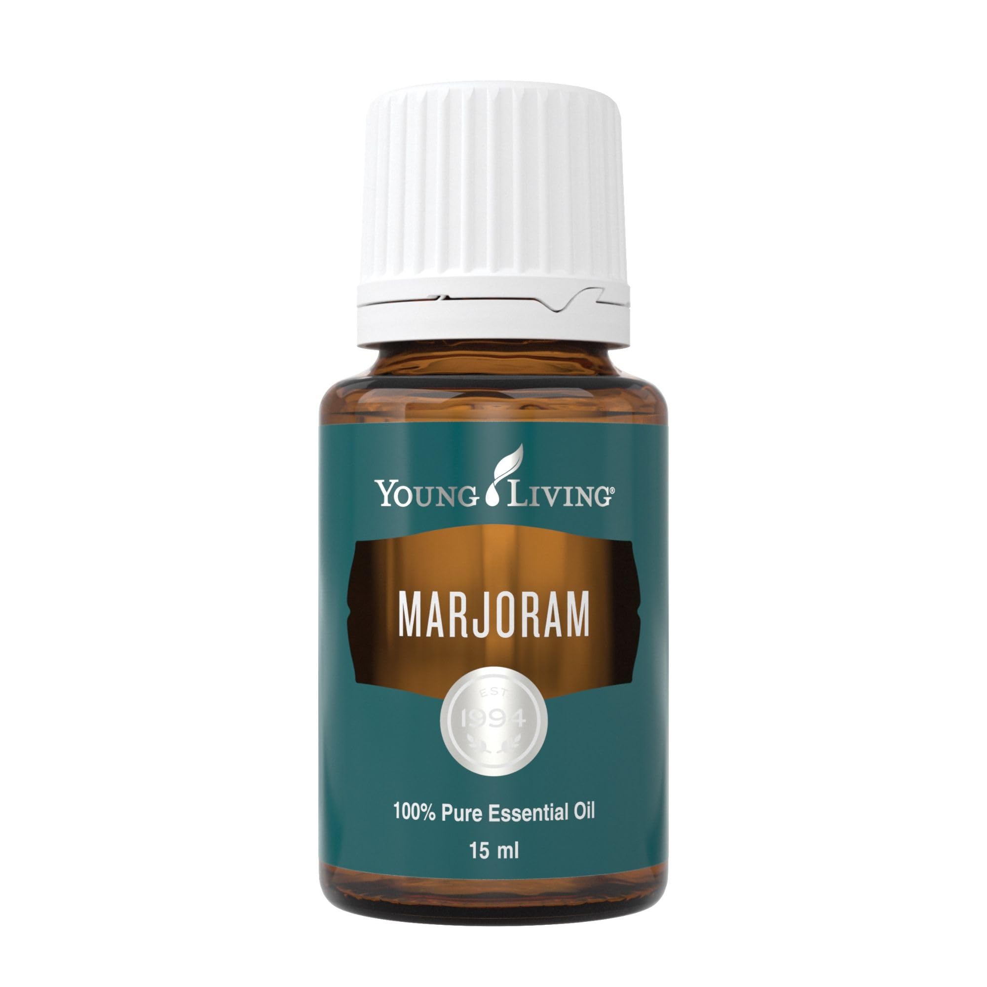 Young Living Marjoram essential oil bottle shows calming herbal aroma