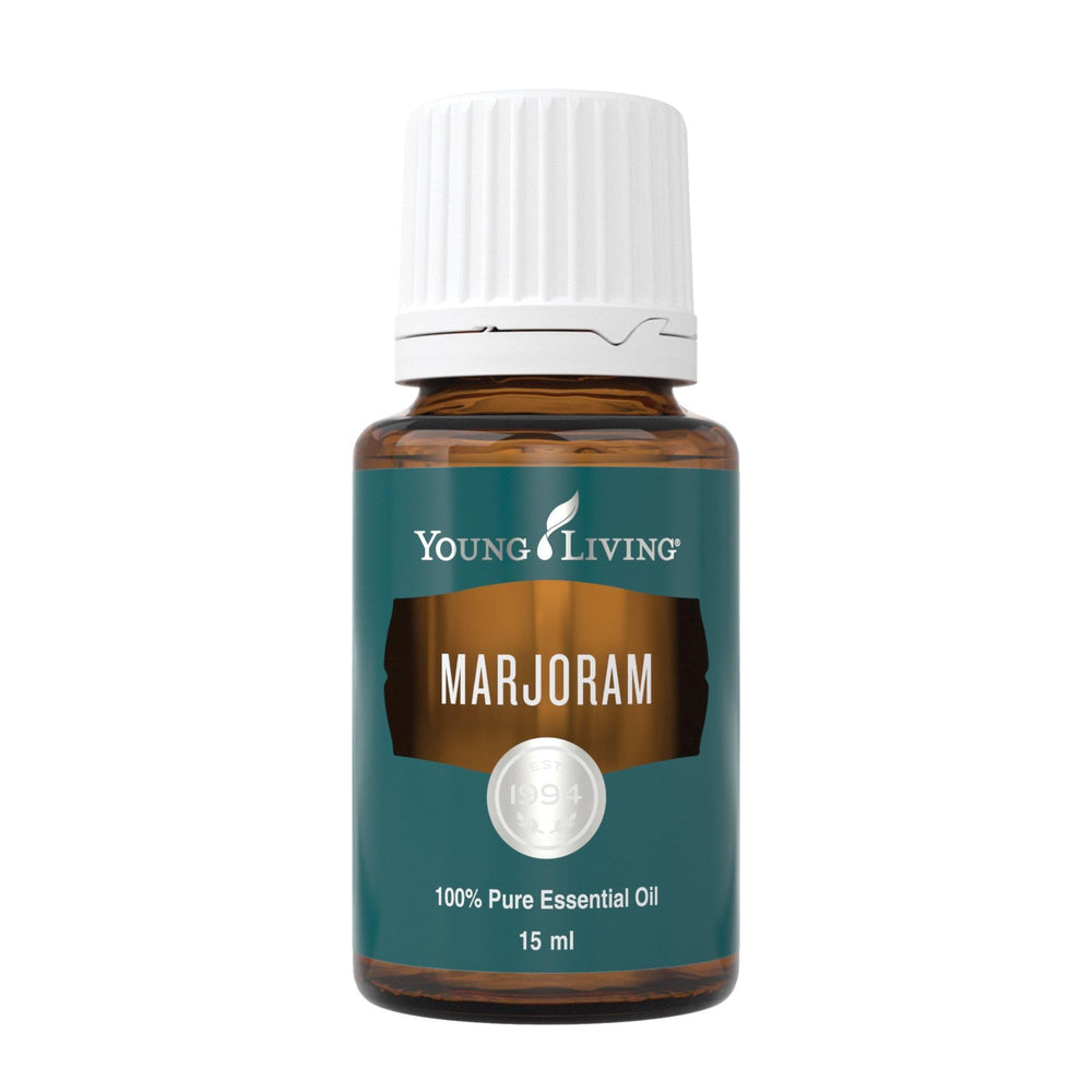 Young Living Marjoram essential oil bottle shows calming herbal aroma