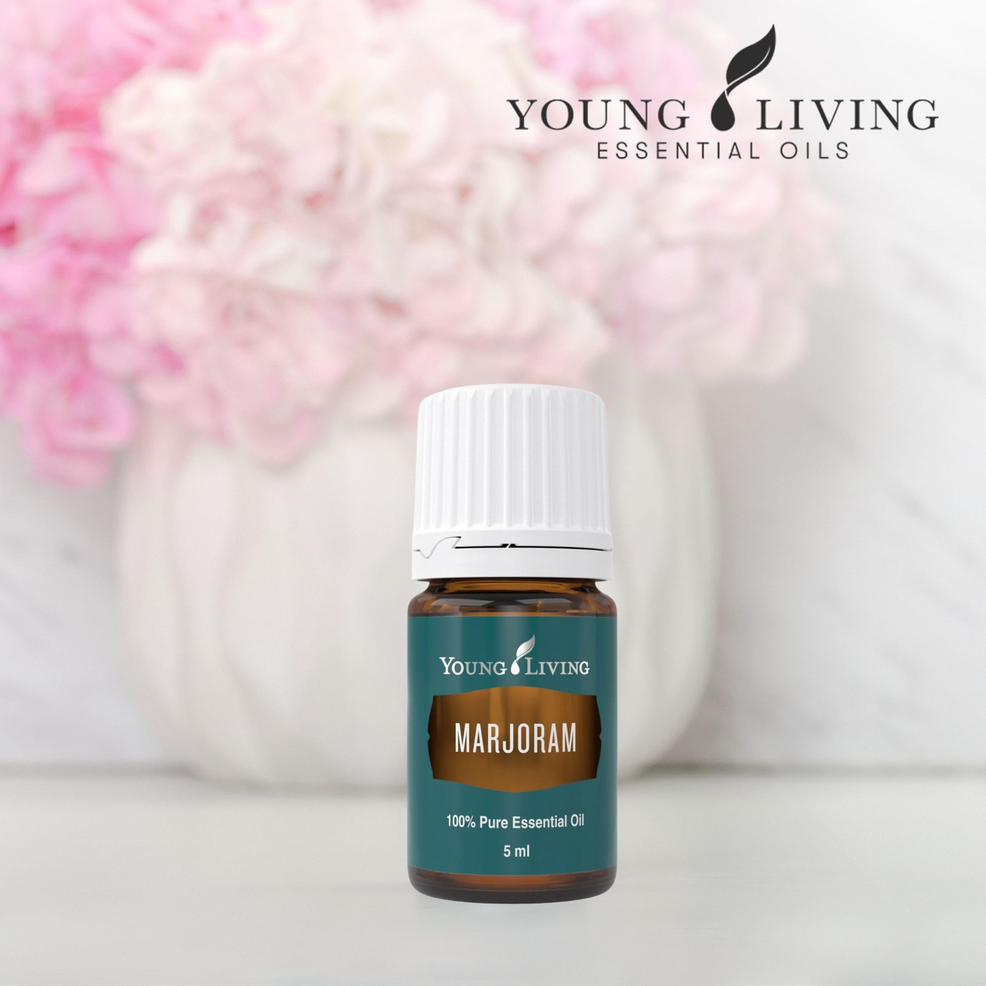 Amber bottle of Young Living Marjoram oil preserving aroma