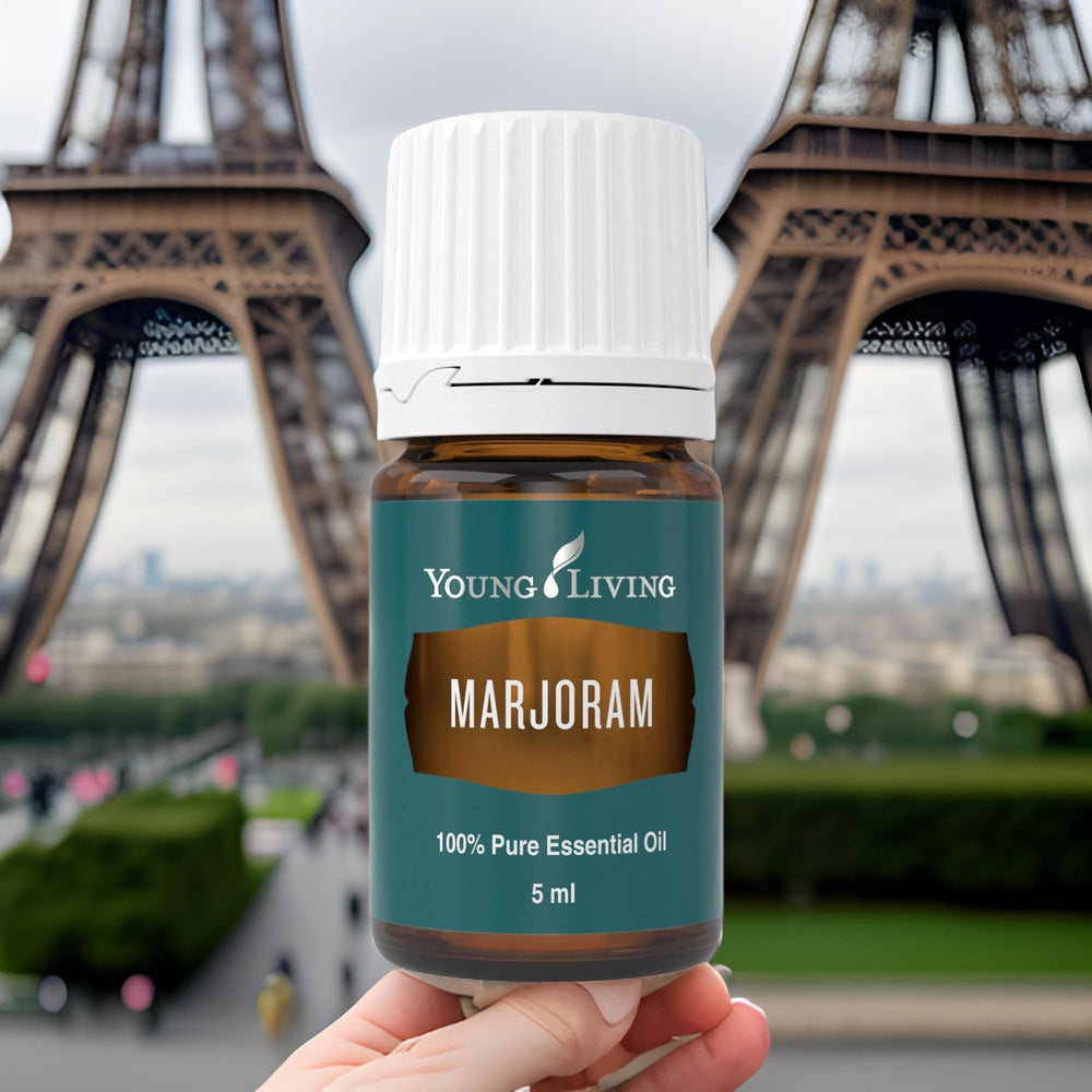 Young Living Marjoram oil in a wooden diffuser creating calm space