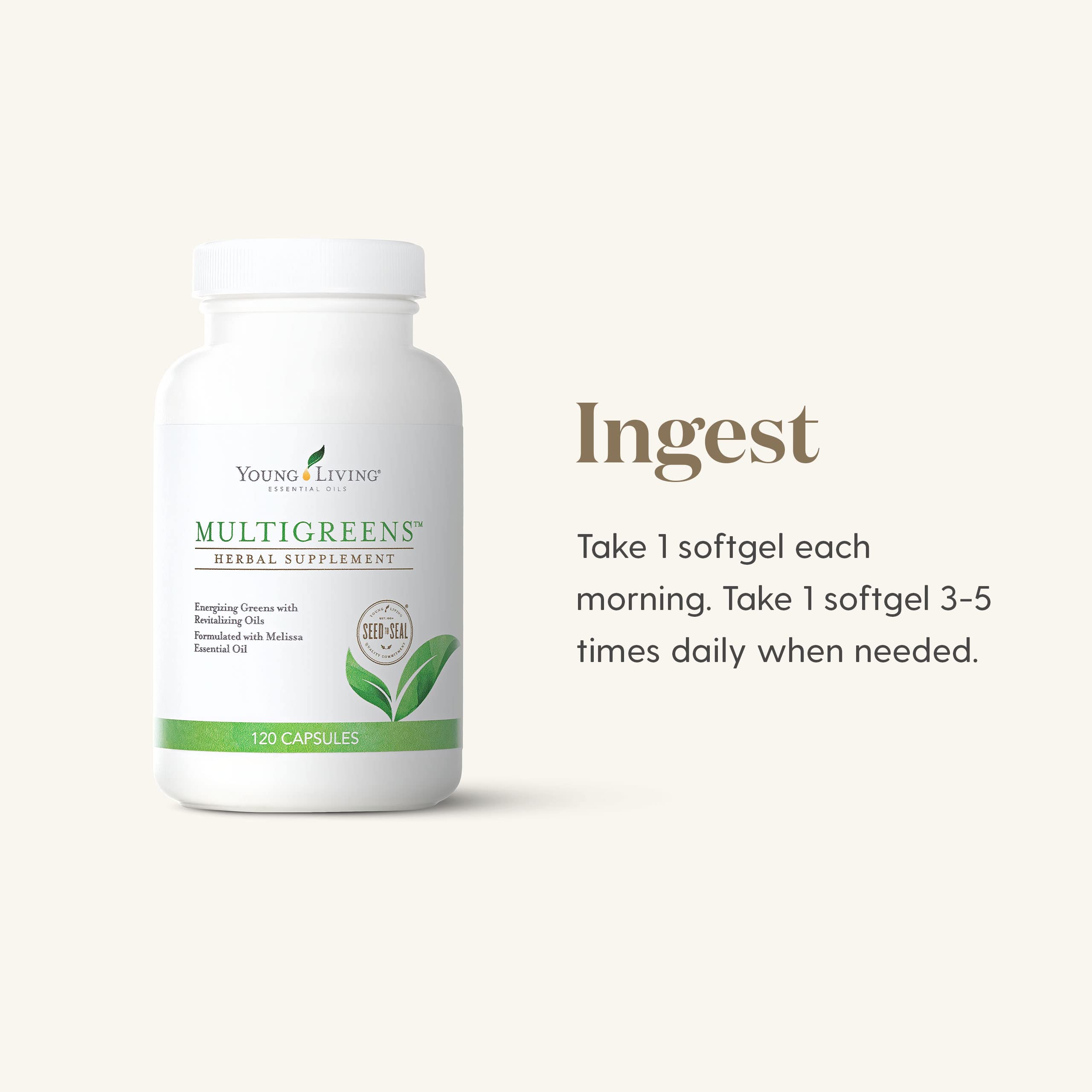 Melissa essential oil note on Young Living MultiGreens bottle for aroma and balance