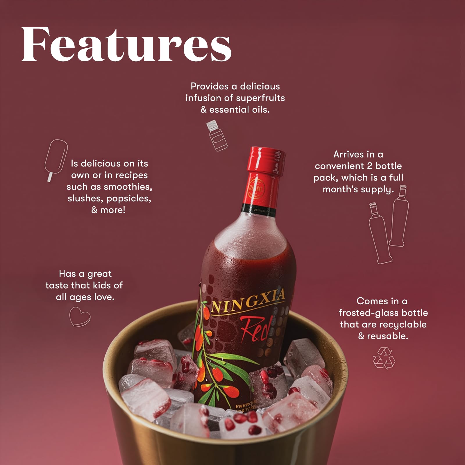 Young Living NingXia Red blueberry and pomegranate blend close view.