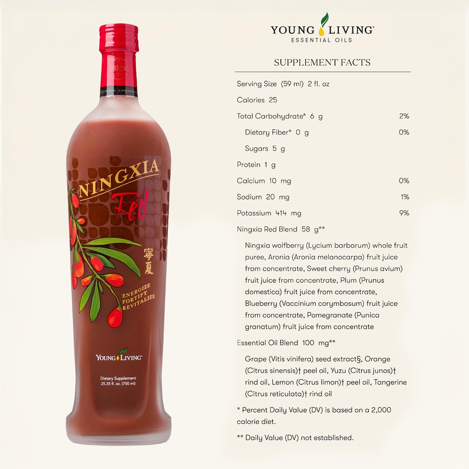 Young Living NingXia Red bottle with label and packaging.