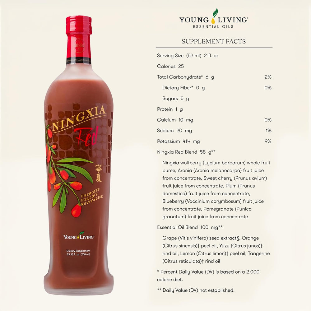 Young Living NingXia Red bottle with label and packaging.