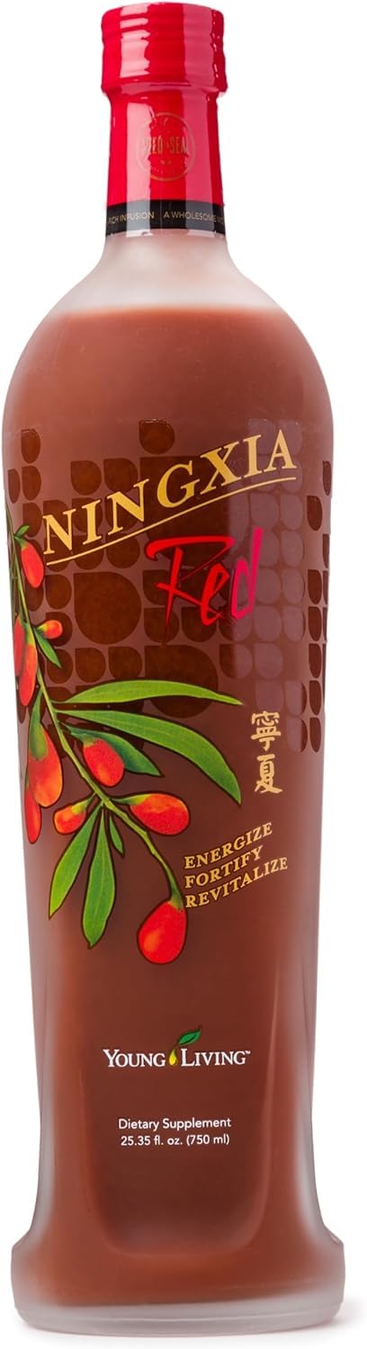 Young Living NingXia Red bottle pour showing an antioxidant rich daily boost.