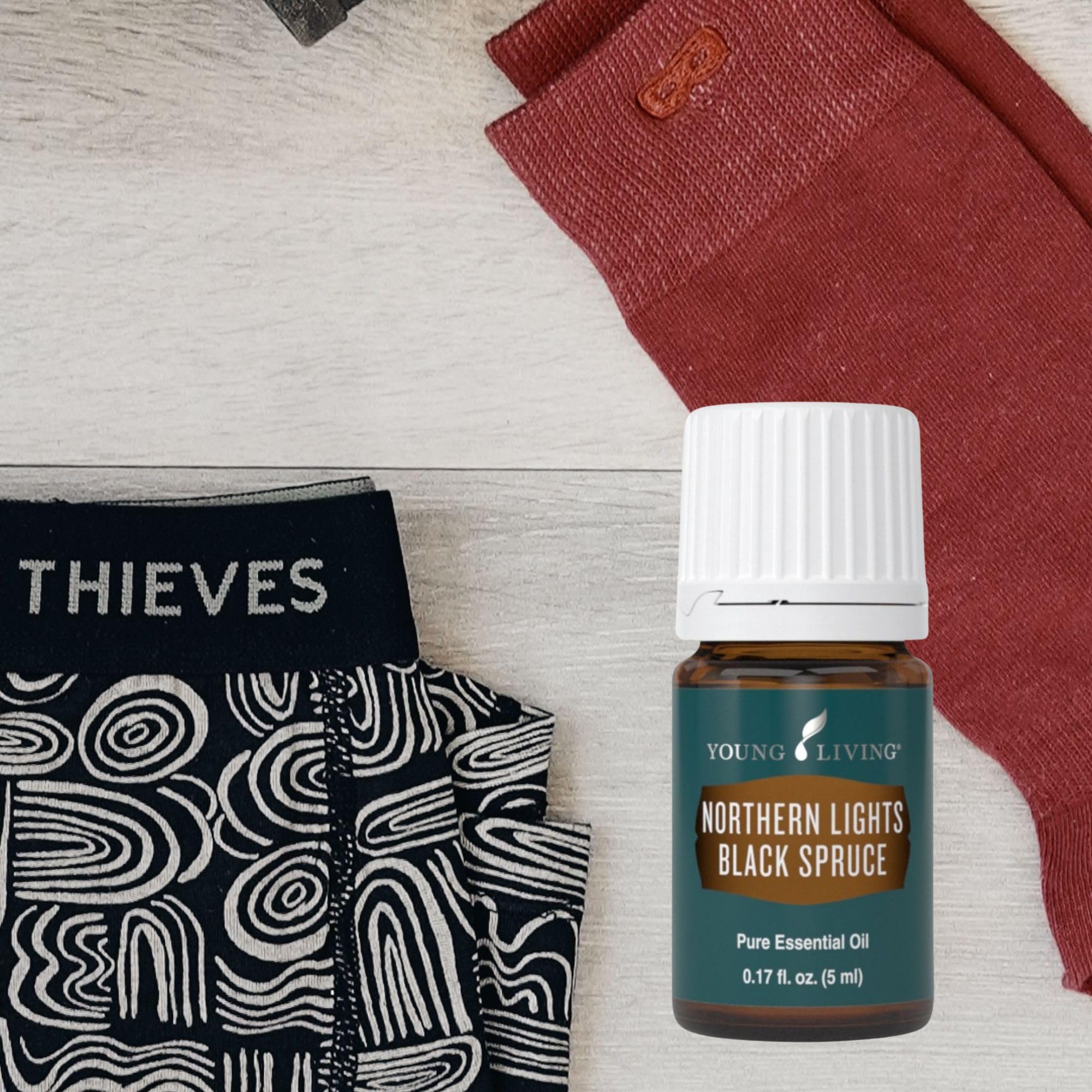 Close-up label on Young Living Northern Black Spruce bottle
