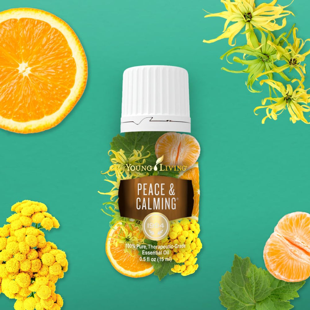 Young Living Peace and Calming bottle label detail emphasizes premium essential oil packaging.