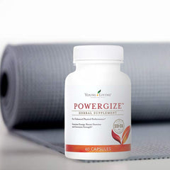 PowerGize bottle on gym bag scene illustrating routine integration.