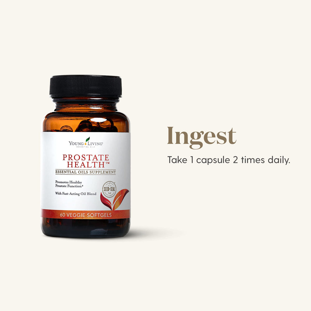 Pouring Young Living Prostate Health Softgels for easy daily intake.