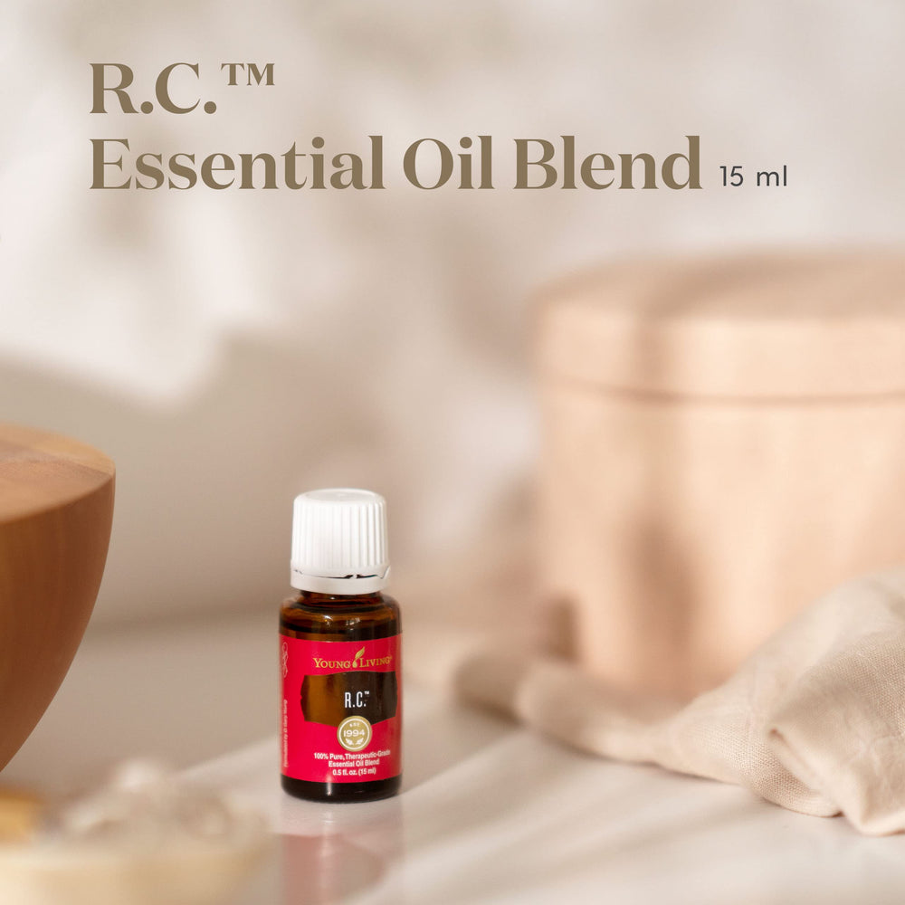 Closeup of Young Living R.C. bottle showcasing pure ingredients.