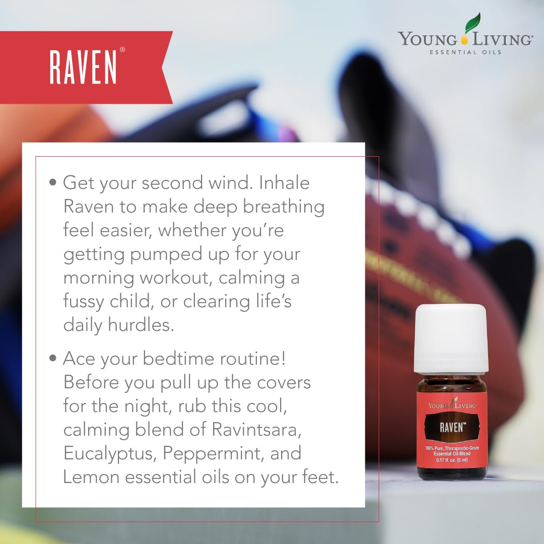 Raven essential oil beside a wooden diffuser for a spa-like ritual.
