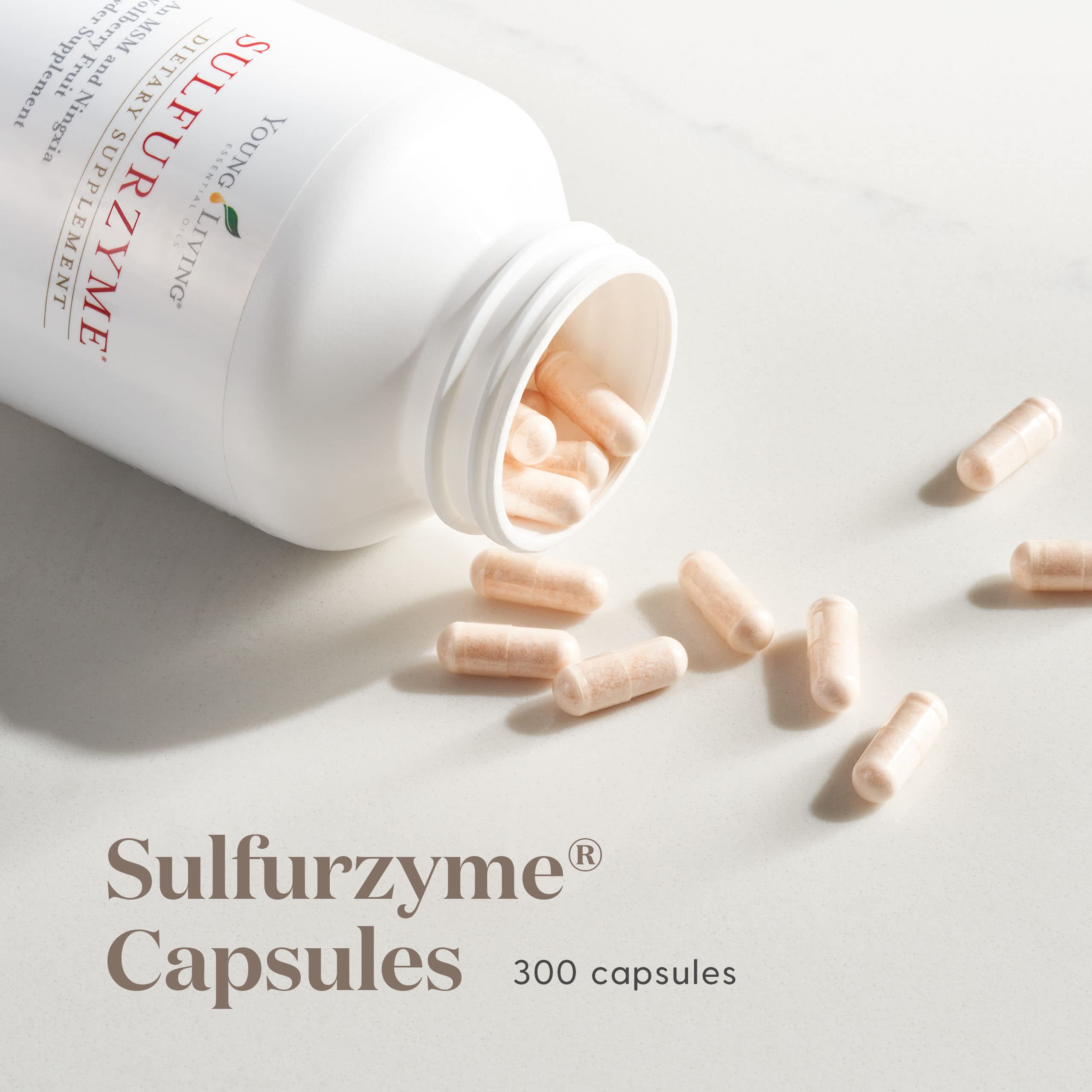Close-up of Sulfurzyme capsules highlighting MSM and wolfberry blend.