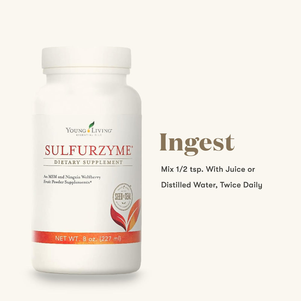 Young Living Sulfurzyme Powder in smoothie glass signals energy and wellness support