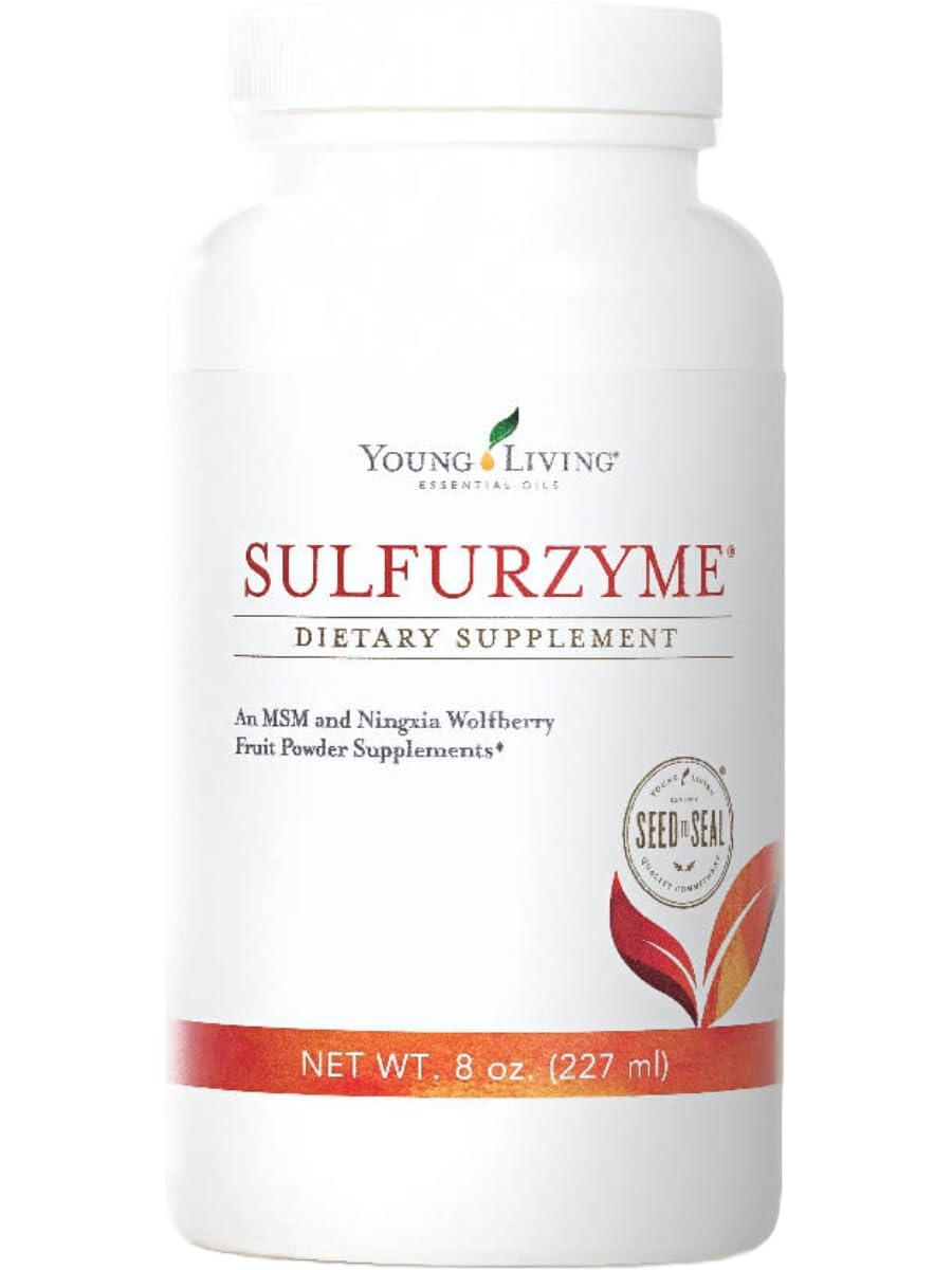 Young Living Sulfurzyme Powder jar front highlights a vegan formula for daily joint comfort