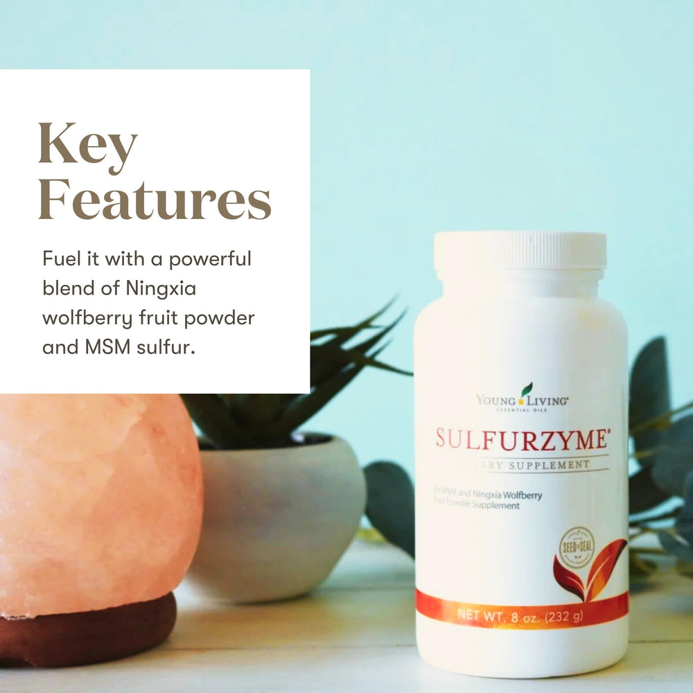 Young Living Sulfurzyme Powder label closeup showing plant-based ingredients for digestion