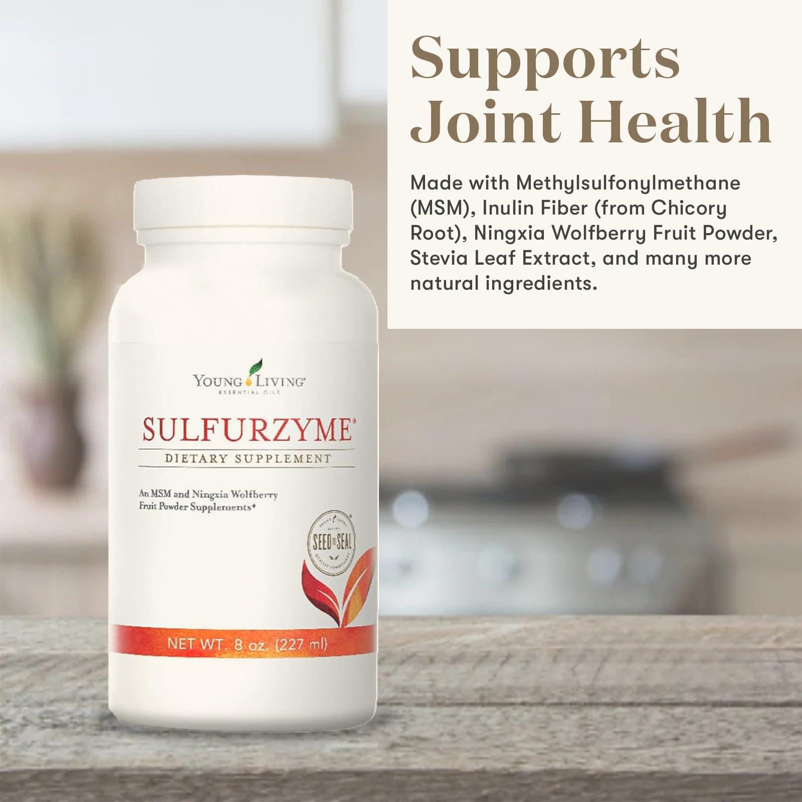 Young Living Sulfurzyme Powder scoop illustrates convenient addition to smoothies