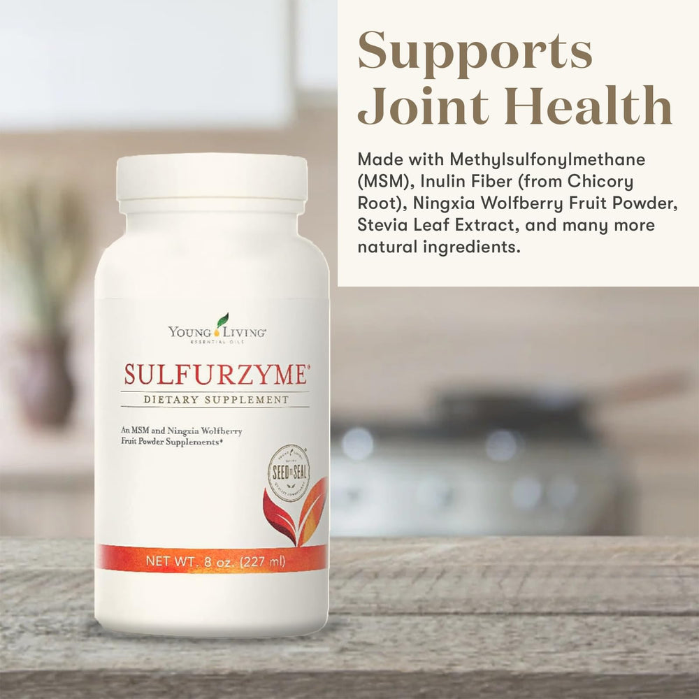 Young Living Sulfurzyme Powder scoop illustrates convenient addition to smoothies