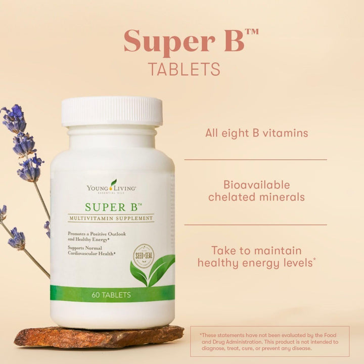 Young Living Super B capsules arranged for daily energy and mood support.