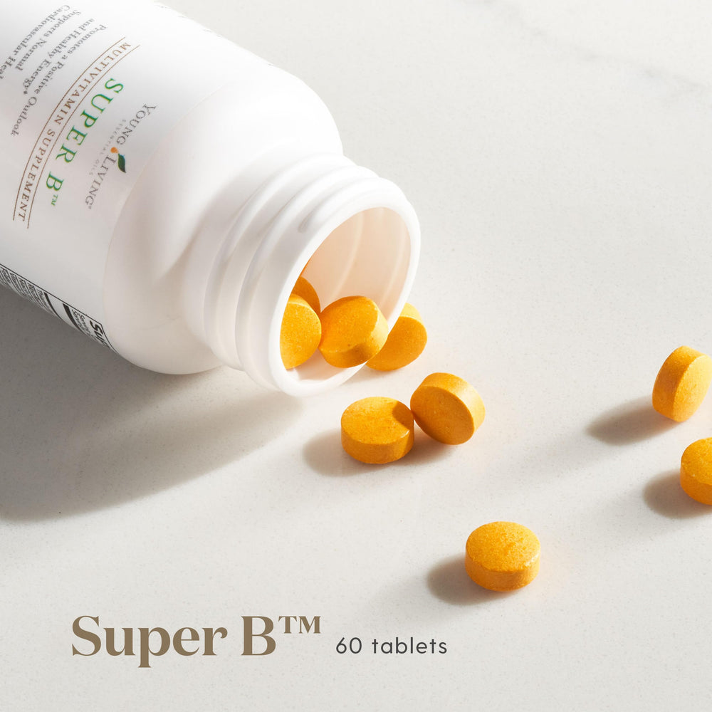 Young Living Super B packaging closeup highlighting B vitamins.