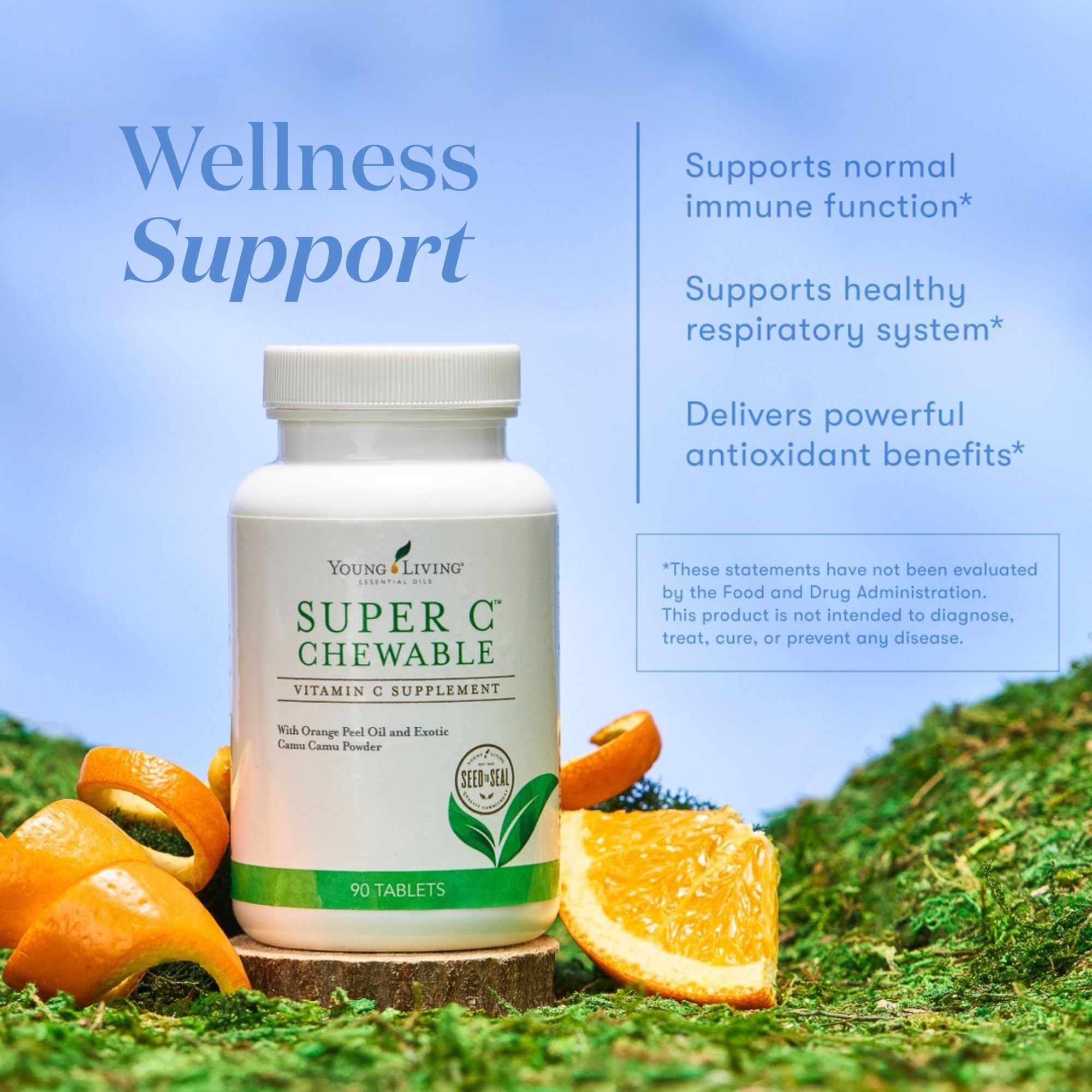 Closeup of Young Living Super C chewable tablet for easy on-the-go use.
