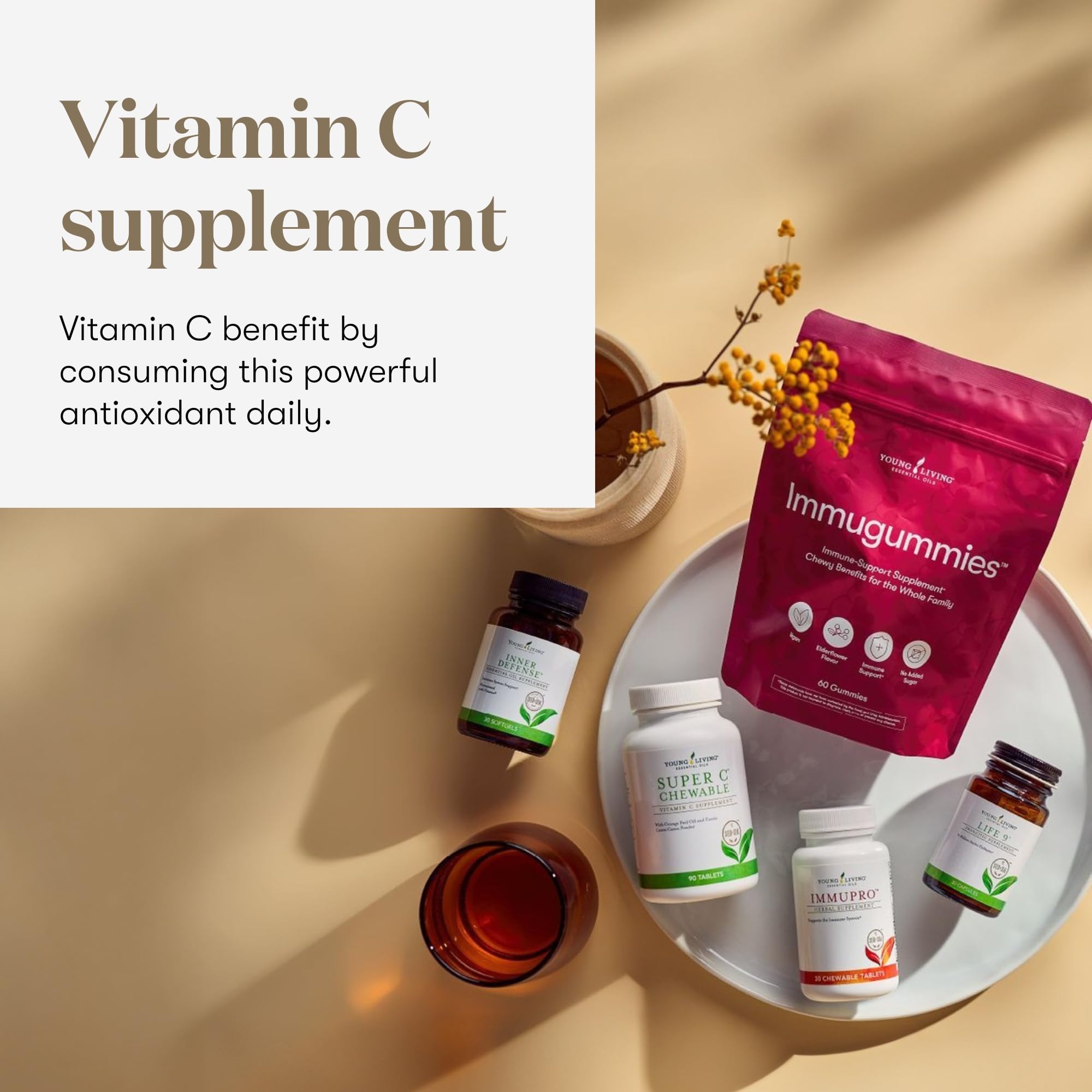 Young Living Super C chewable tablets packaging highlighting family-friendly format.