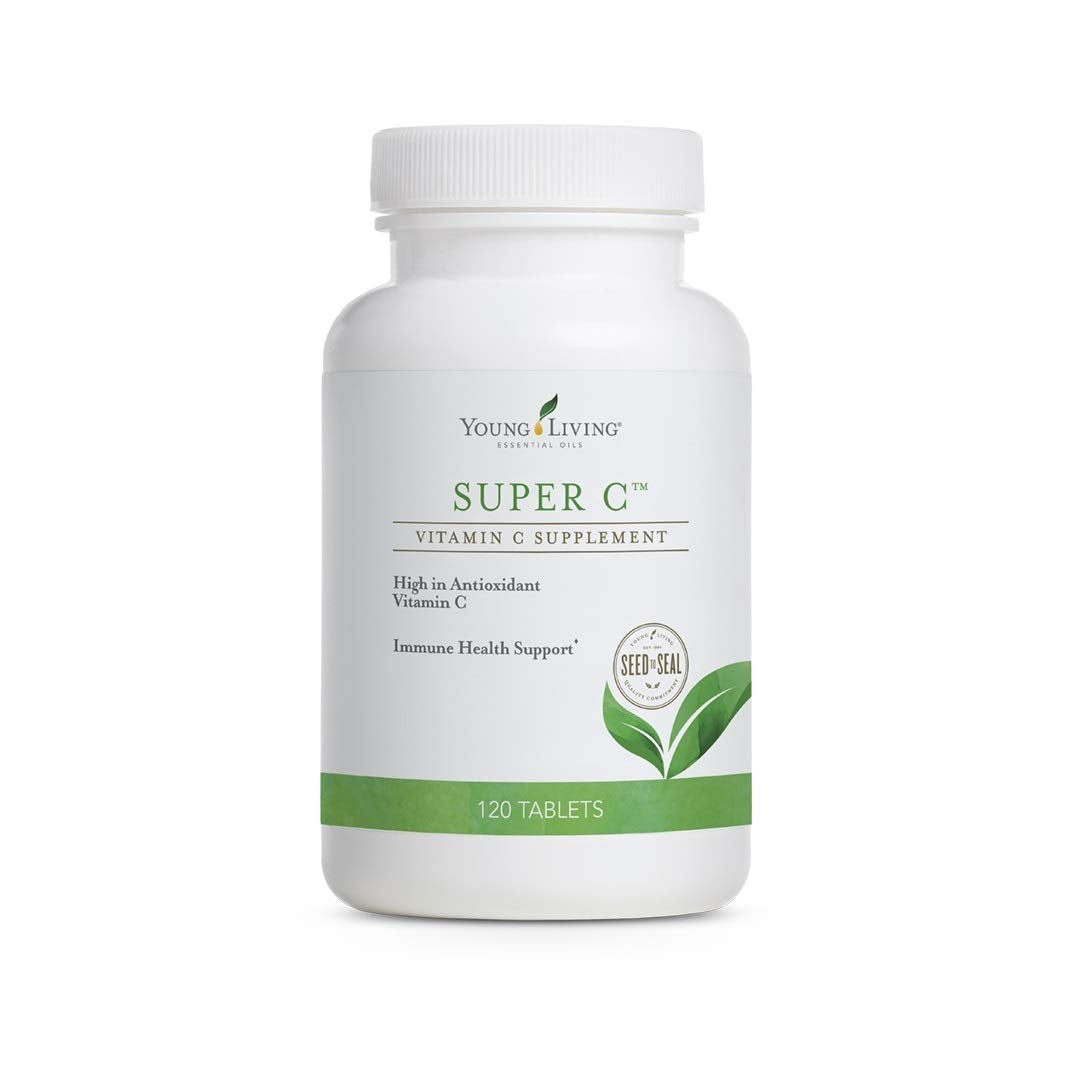 Young Living Super C tablets bottle on kitchen counter for daily wellness