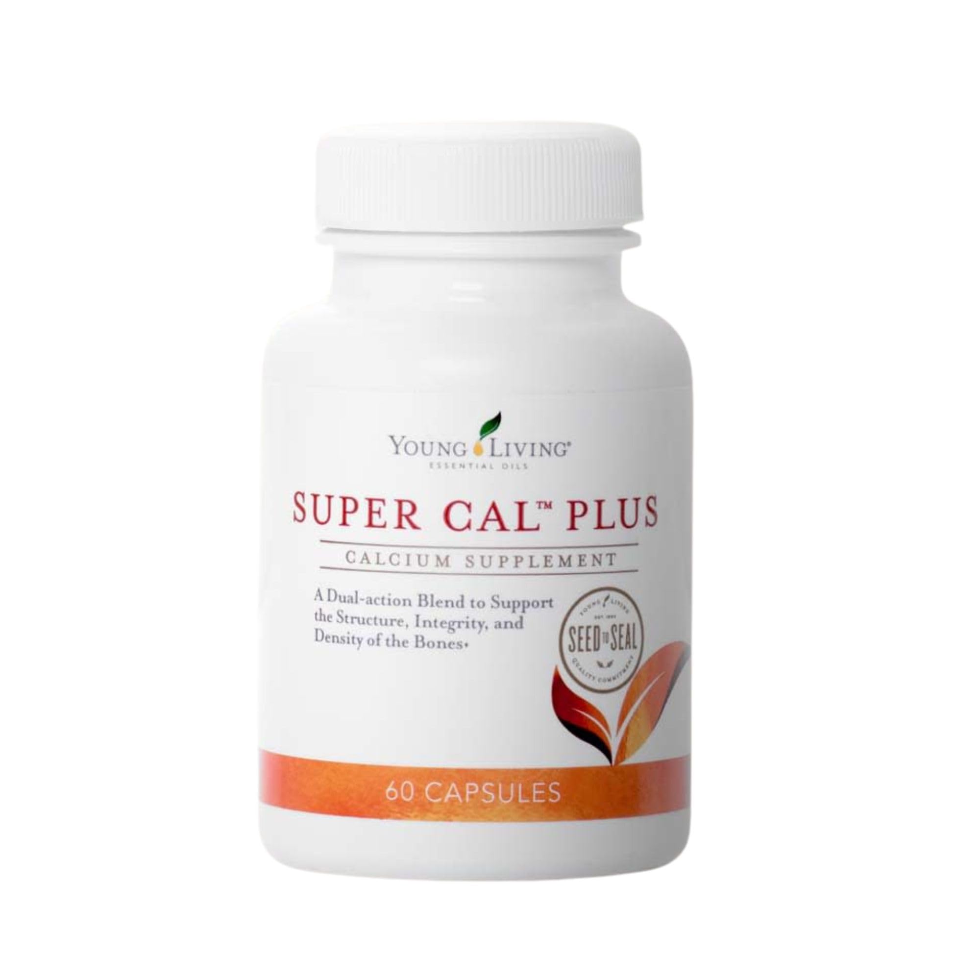 The Young Living Super Cal Plus bottle with capsules supports daily bone health.