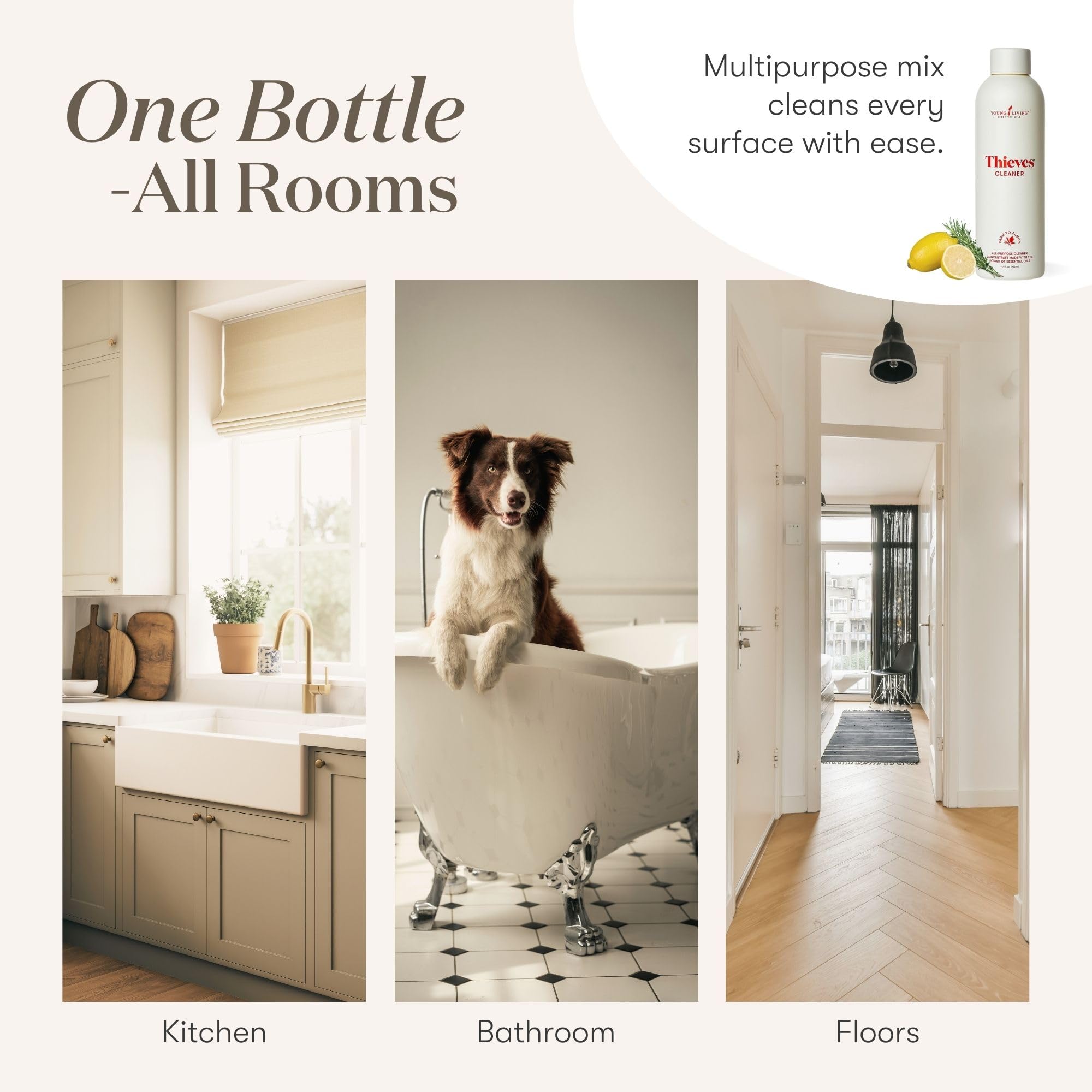 Young Living Thieves Cleaner on bathroom surfaces for delicate, non-abrasive cleaning.