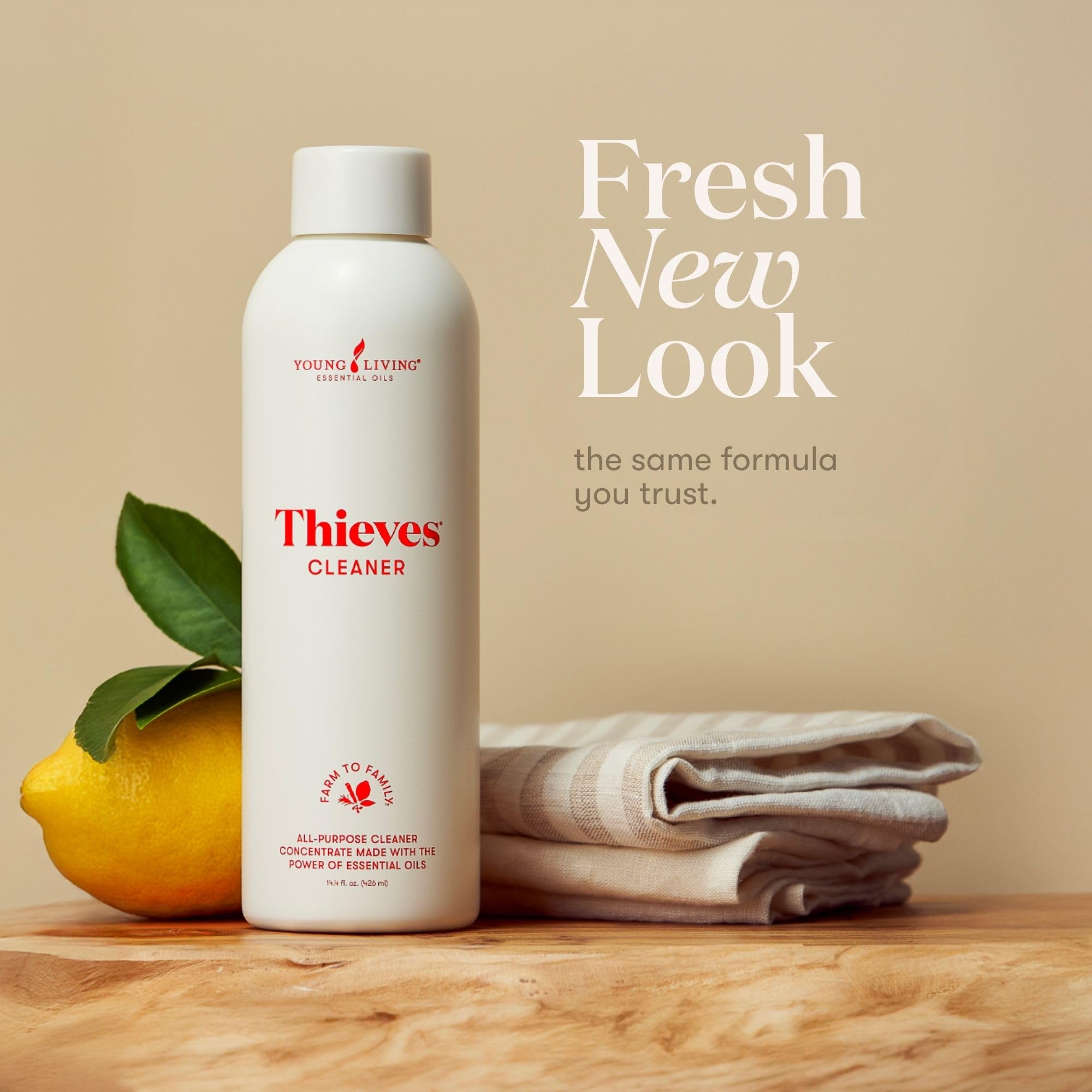 Young Living Thieves Cleaner on kitchen counters leaving fresh, non-streaky shine.