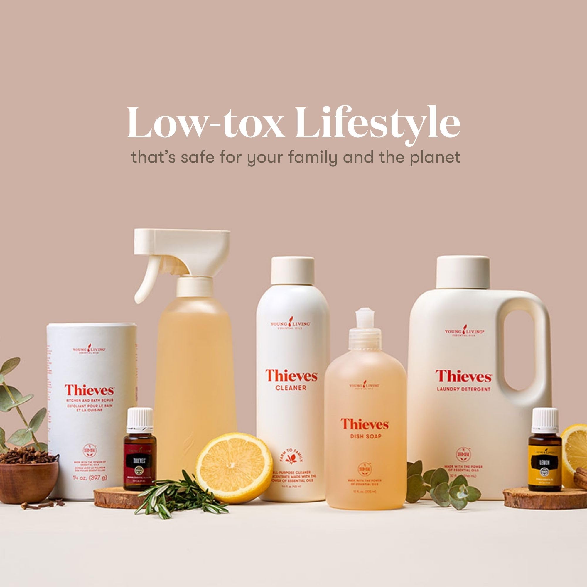 Young Living Thieves Cleaner plant-based formula with non-GMO ingredients.