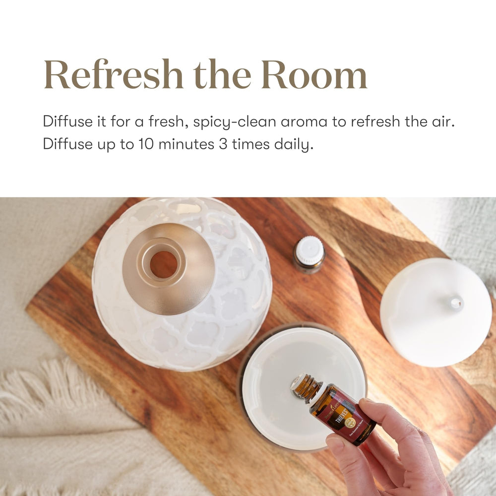 Young Living Thieves diffuser usage in a calm living space.